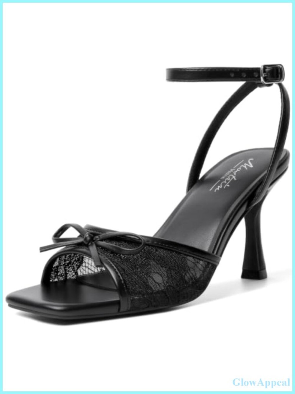 Mesh Bow Ankle Strap Chunky Heeled Sandals Square Toe